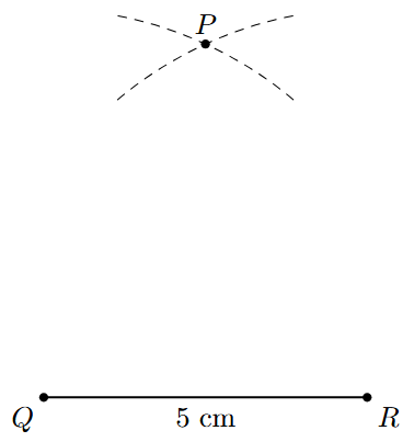 Step 3: A second arc with a 6 cm radius from R intersects the first arc at point P.